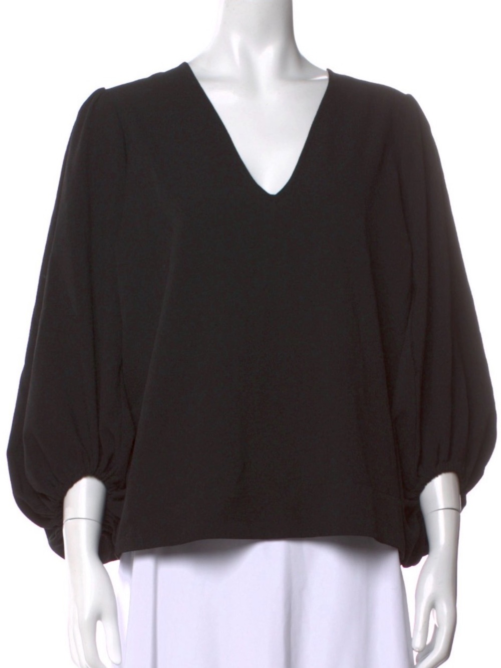 Ganni Black V-Neck Balloon-Sleeve Blouse, Size 36